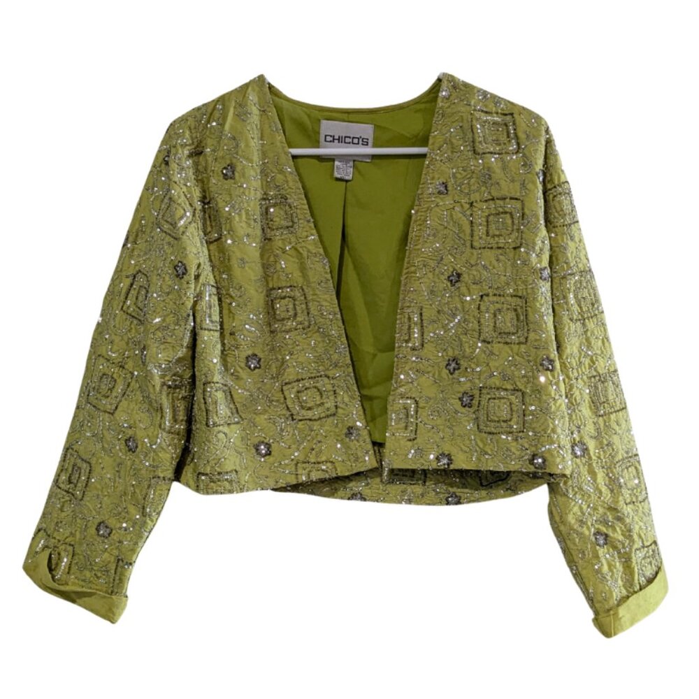 Chico's Women's 100% Silk Beaded Bolero Jacket, Lime Green, Size 1 (Small)